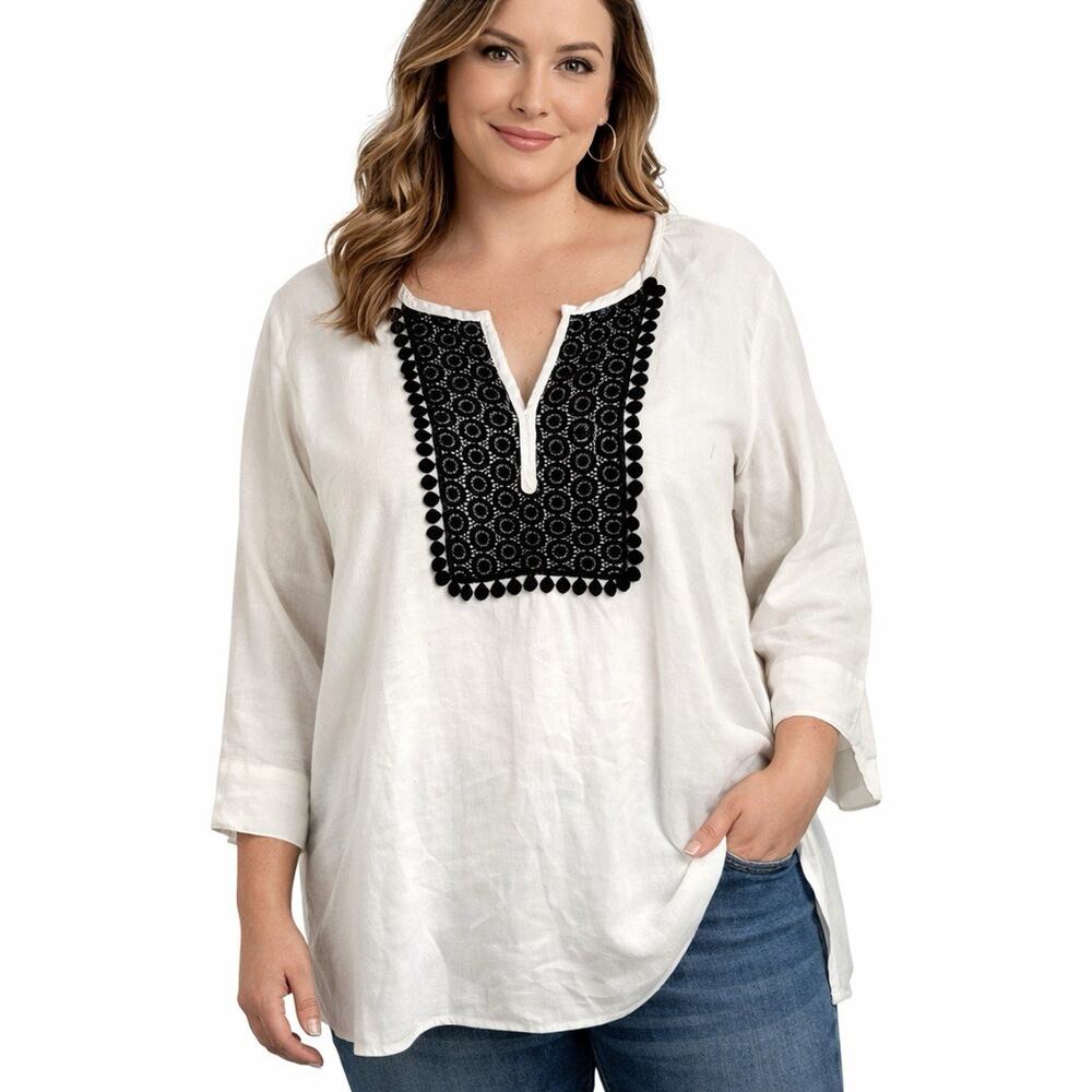 Charter Club Luxury Linen White Tunic Blouse Coastal Beach Vacation Womens 2x
